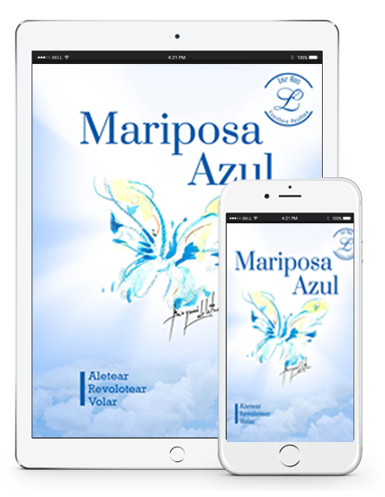 Dispositivos con portada e-book Mariposa Azul, fondo cielo y acuarela mariposa.